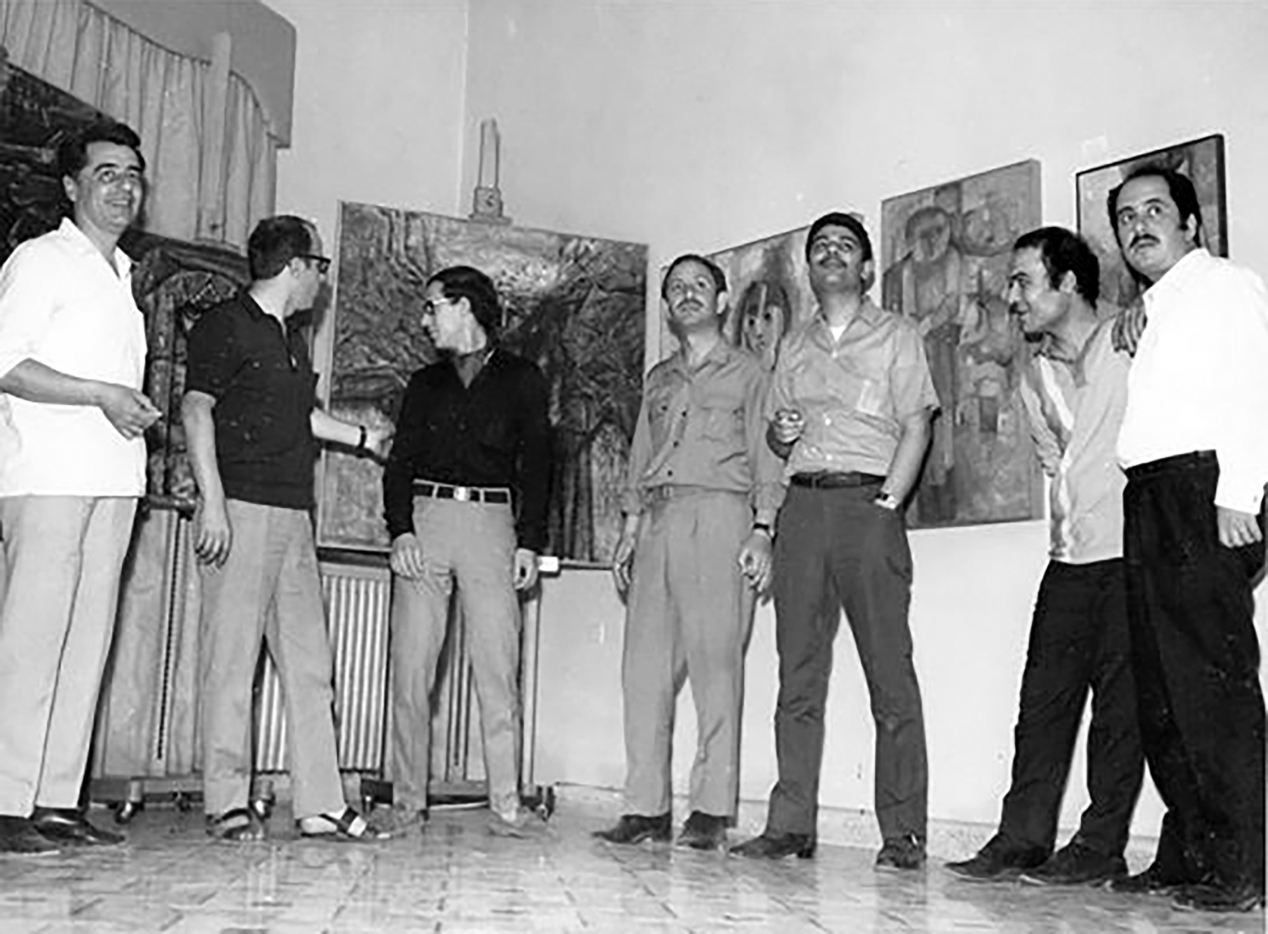 Some members from the&nbsp;Group of Ten: (From right) Elias Zayyat, Nazeer Naba&rsquo;a, Asaad Arabi, Ghassan Sibai, Ghayath Al-Akhras, Abdulkader Arnaout, and Naim Ismail.&nbsp;Archive of artist&nbsp;Abdulkader Arnaout
